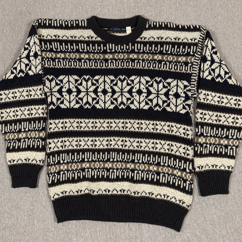 Vintage Izod Sweater Men XL Fair Isle Crewneck Knit Nordic Ski Fisherman USA 90s